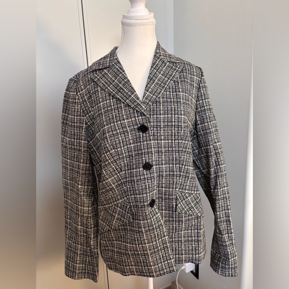 RIANI Navy Blue and White Checkered/Abstract Blazer